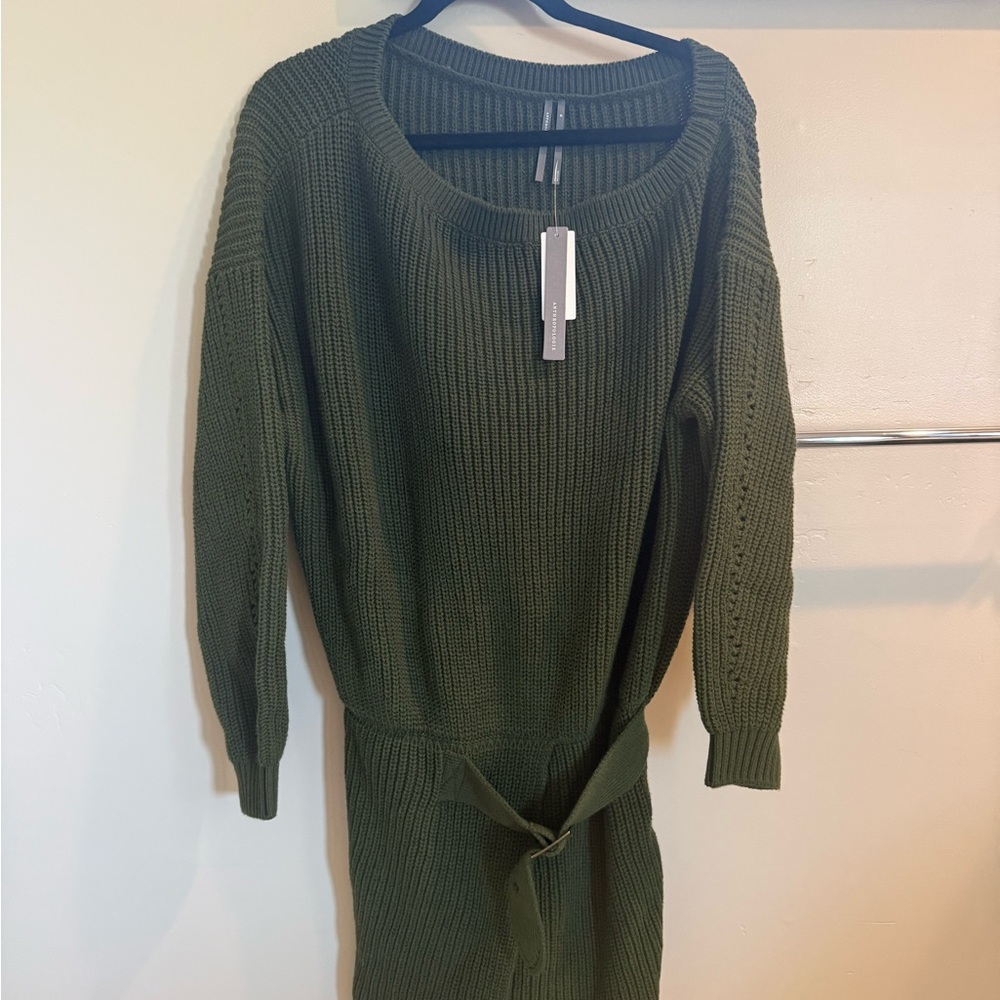 Anthropologie Olive Green Belted Sweater Dress